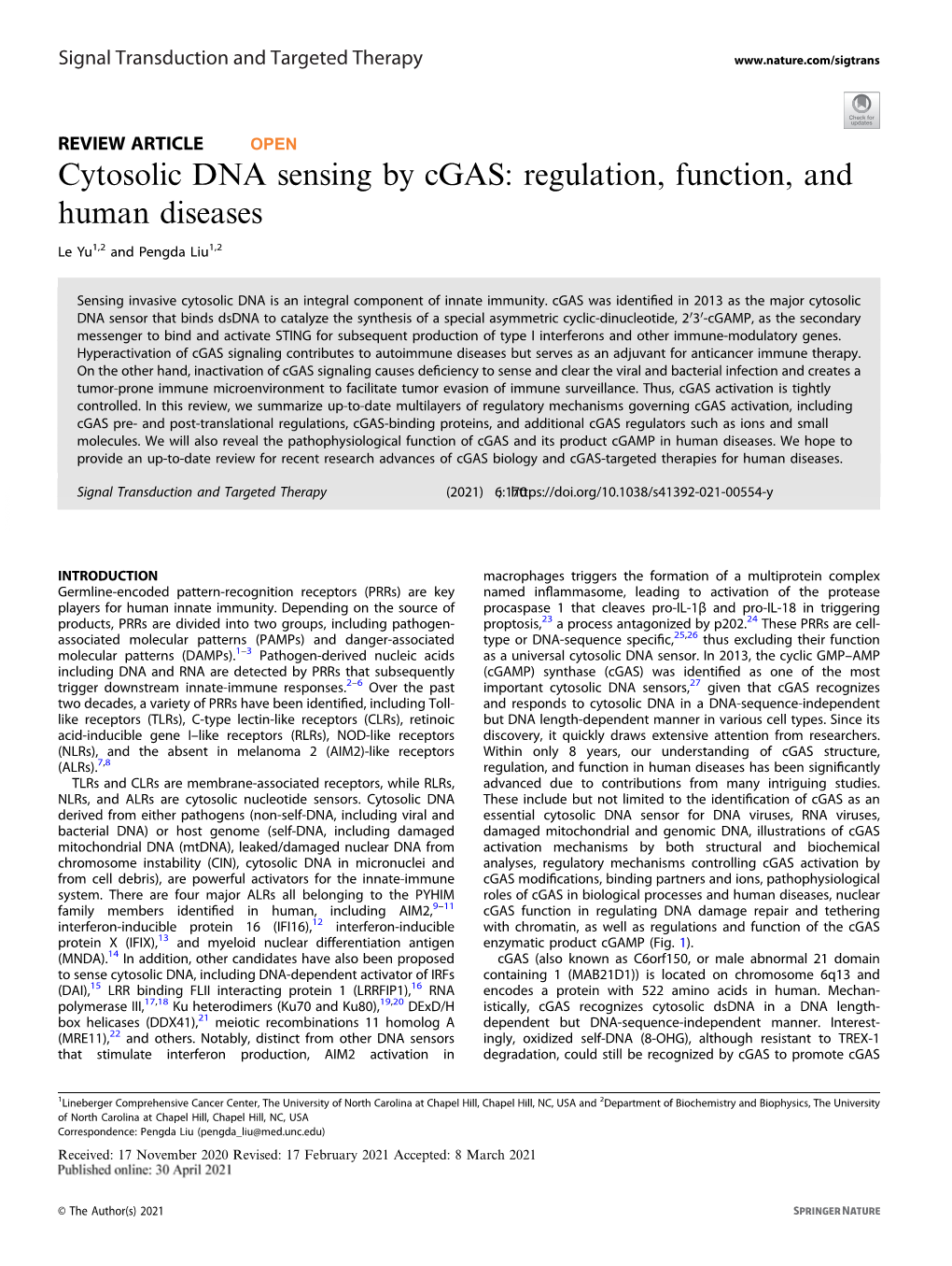 Cytosolic DNA Sensing by Cgas: Regulation, Function, and Human Diseases