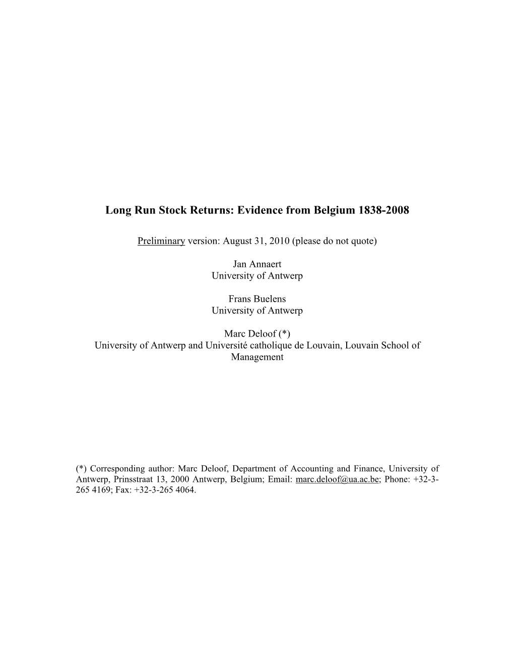 Long Run Stock Returns: Evidence from Belgium 1838-2008