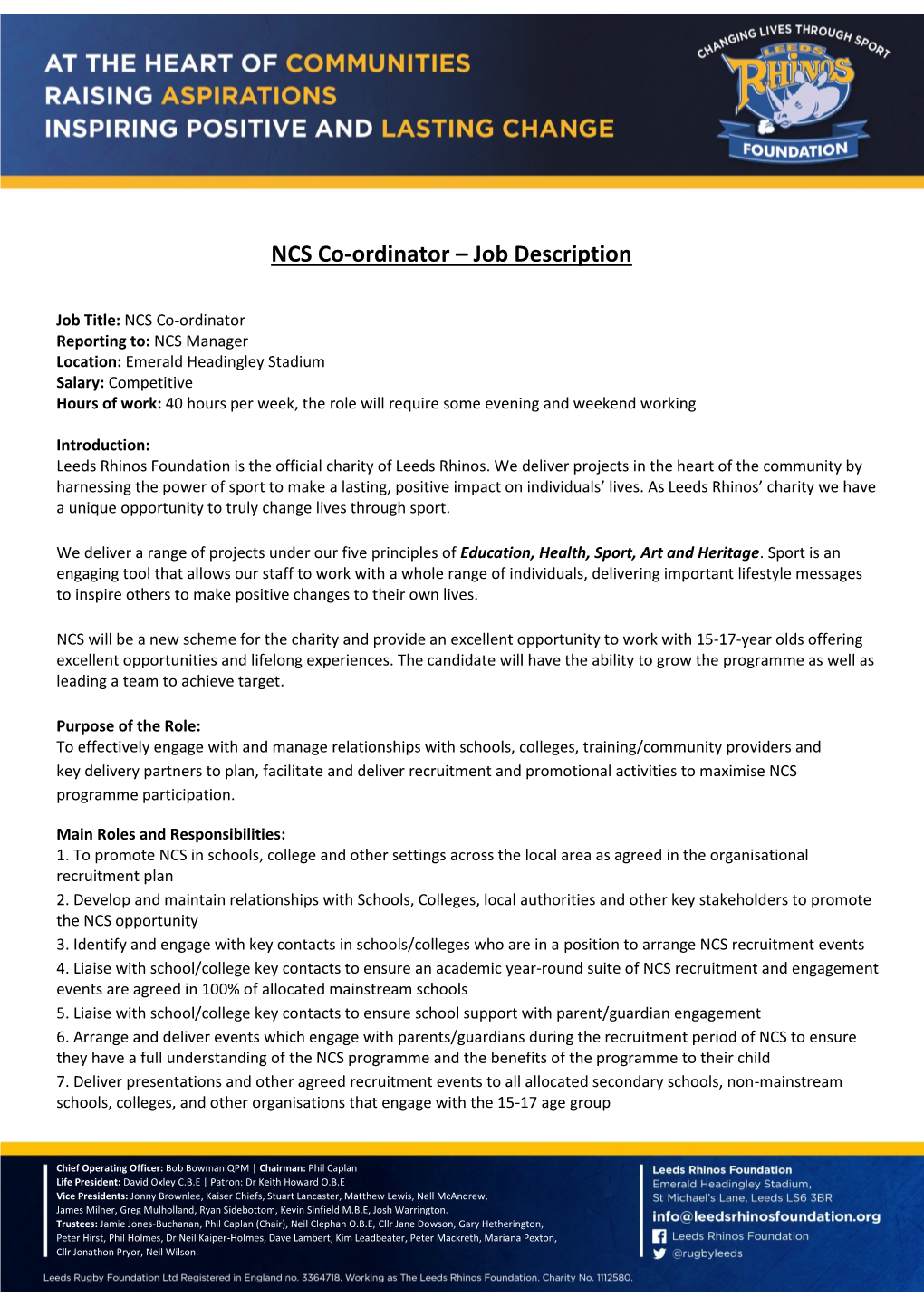 NCS Co-Ordinator – Job Description