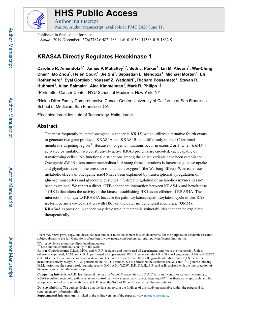 KRAS4A Directly Regulates Hexokinase 1