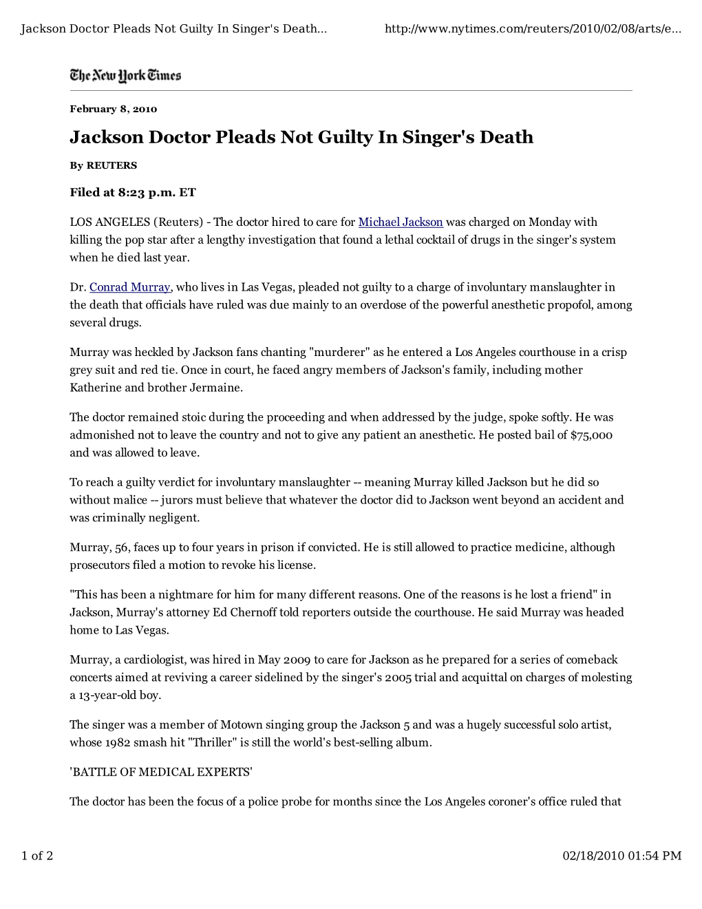 Jackson Doctor Pleads Not Guilty in Singer's Death