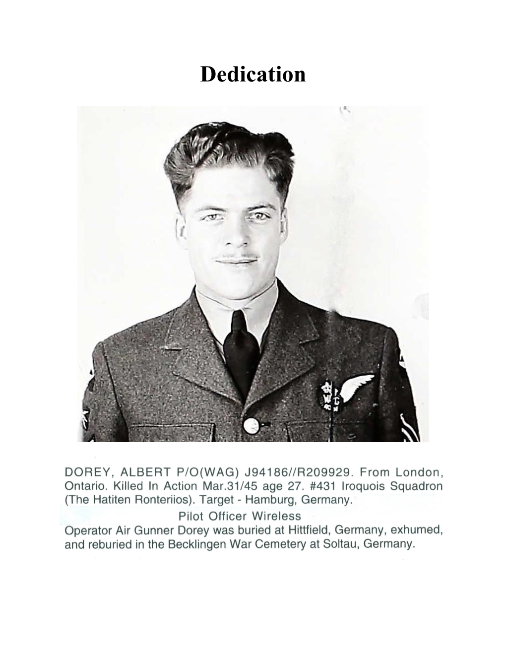 Pilot Officer Albert Dorey Dedication