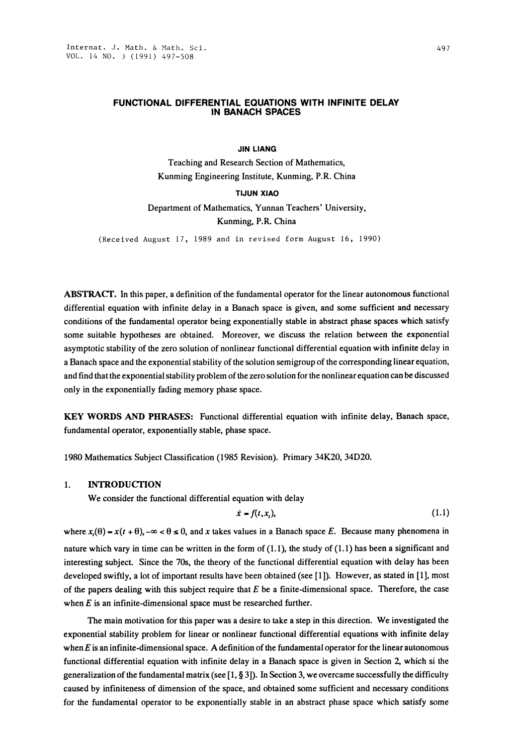 Functional Differential Equations with Infinite Delay in Banach Spaces