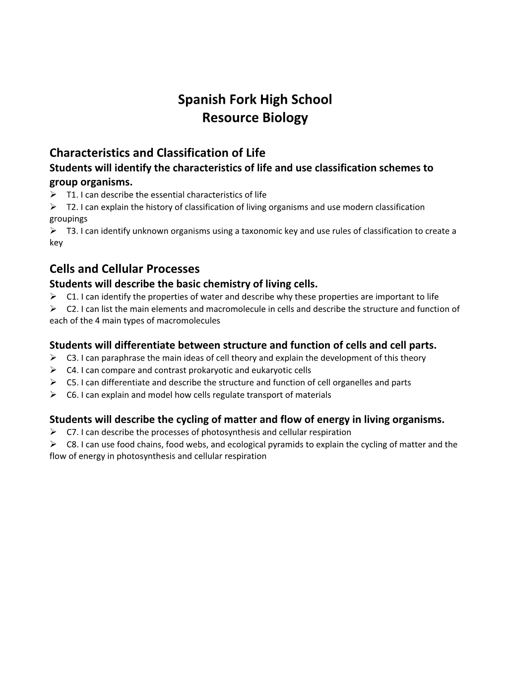 Spanish Fork High School Resource Biology