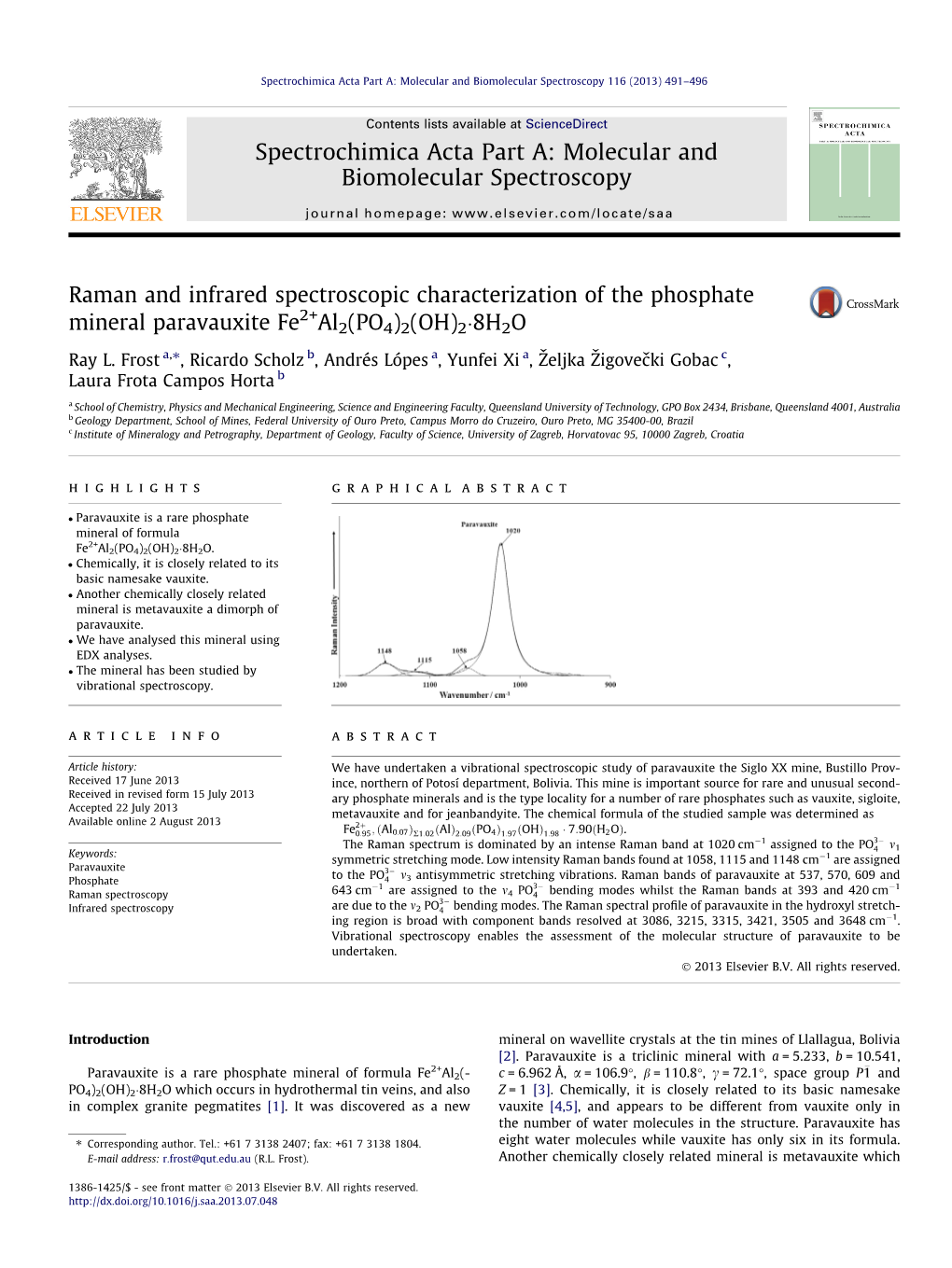 Raman and Infrared Spectroscopic Characterization of the Phosphate 2+ Mineral Paravauxite Fe Al2(PO4)2(OH)2�8H2O ⇑ Ray L