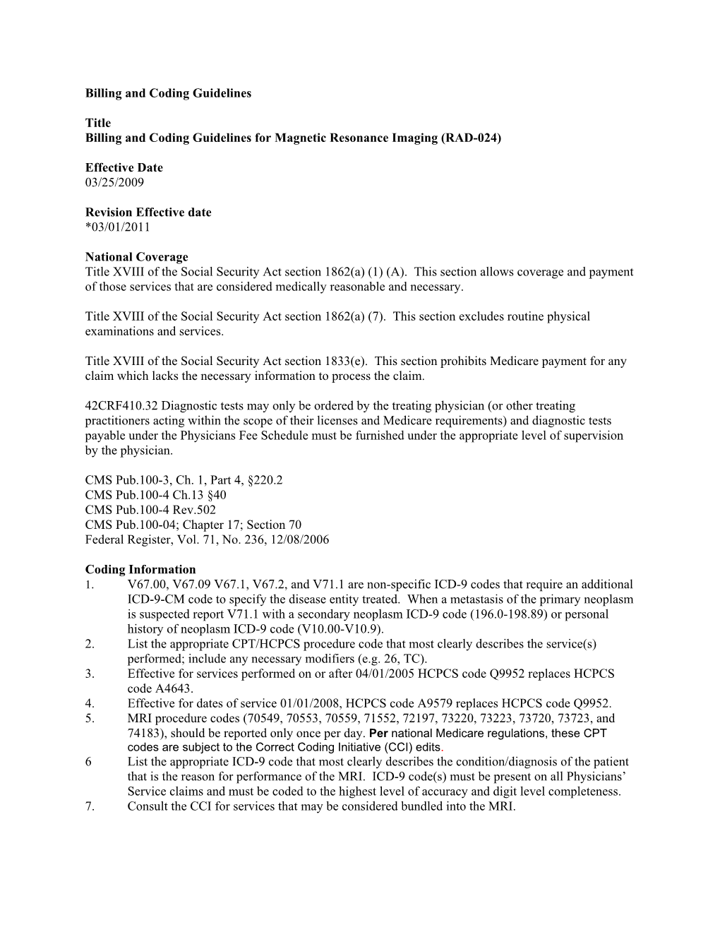 Billing and Coding Guidelines for Magnetic Resonance Imaging (RAD-024)