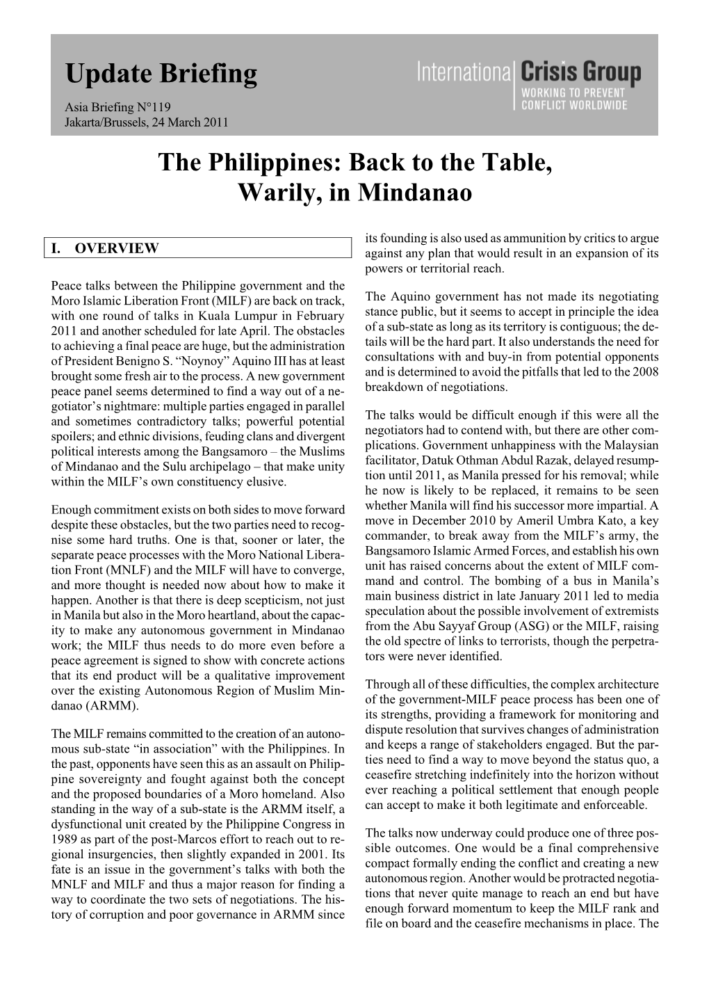 Update Briefing Asia Briefing N°119 Jakarta/Brussels, 24 March 2011 the Philippines: Back to the Table, Warily, in Mindanao