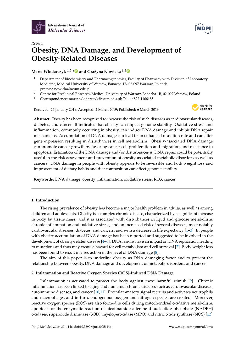 Obesity, DNA Damage, and Development of Obesity-Related Diseases