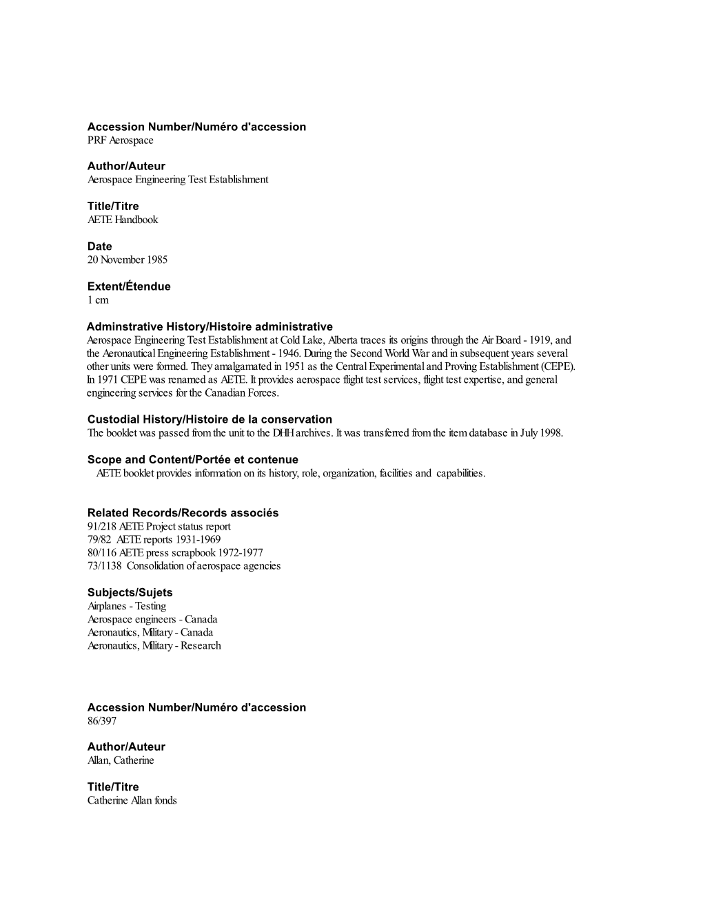 Accession Number/Numéro D'accession PRF Aerospace Author