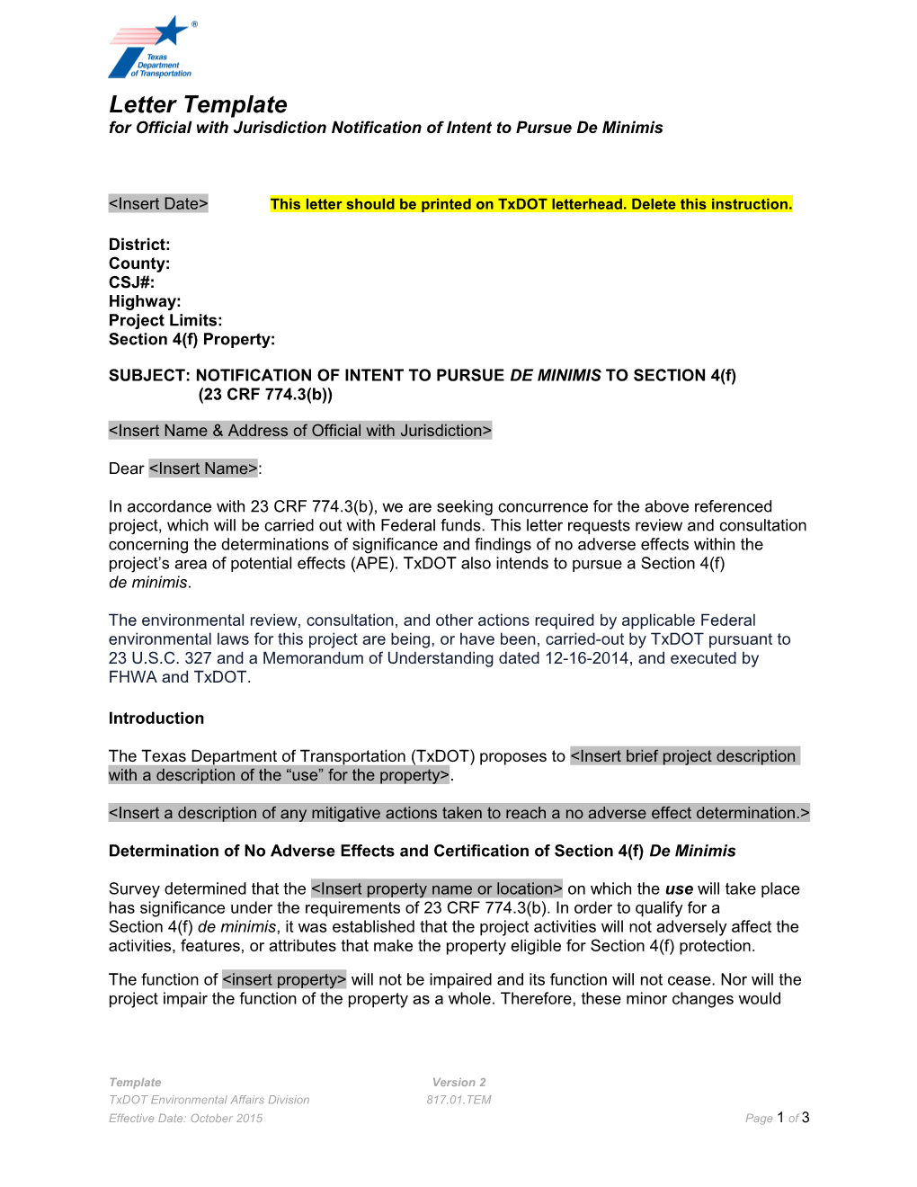 Letter Template: OWJ Notification of Intent to Pursue De Minimis