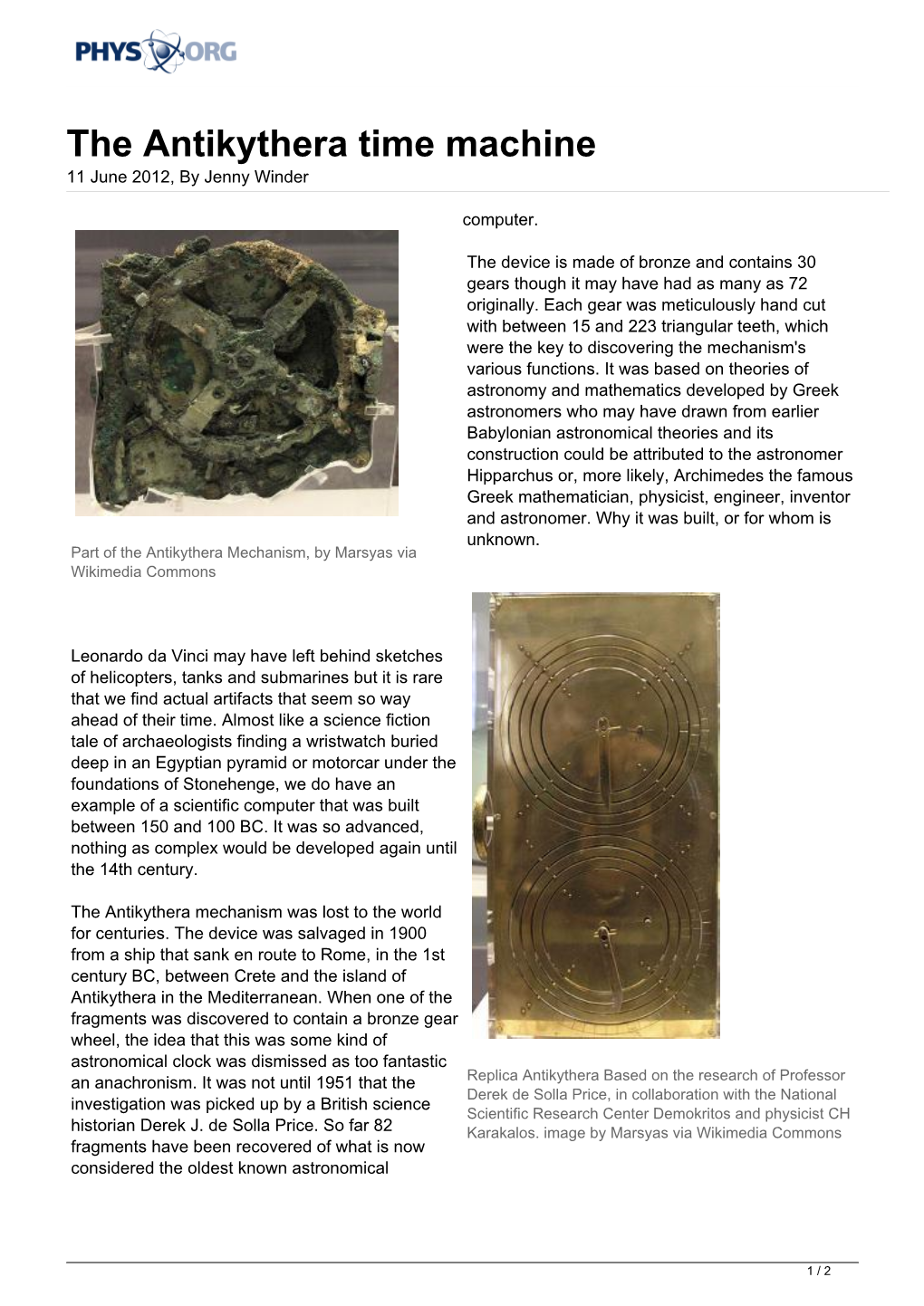 The Antikythera Time Machine 11 June 2012, by Jenny Winder