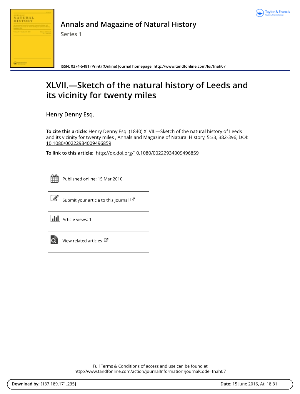 XLVII.—Sketch of the Natural History of Leeds and Its Vicinity for Twenty Miles