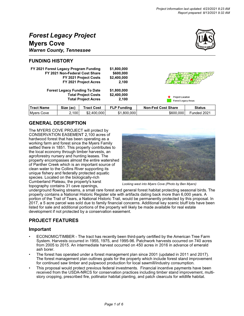 Forest Legacy Project Myers Cove Warren County, Tennessee