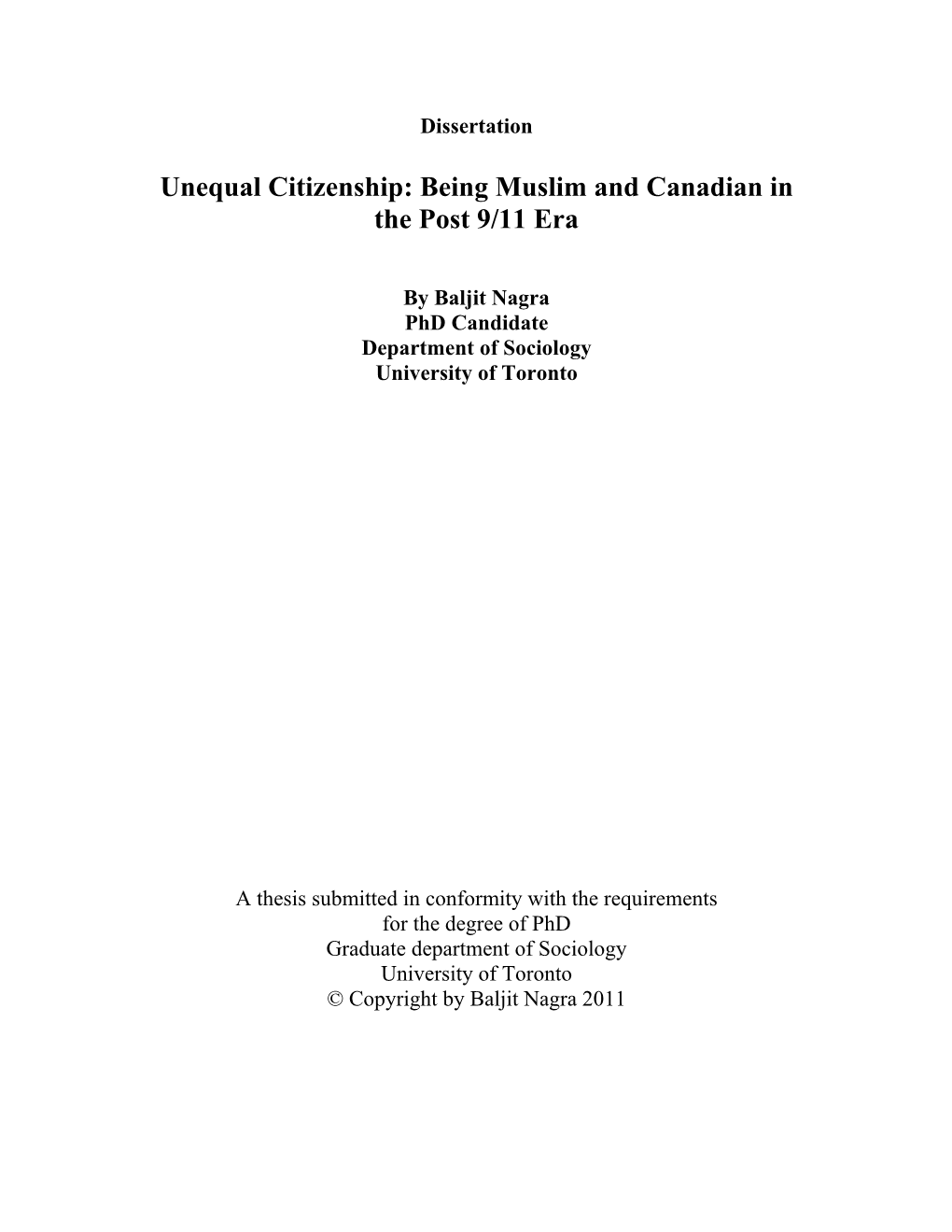 Unequal Citizenship: Being Muslim and Canadian in the Post 9/11 Era