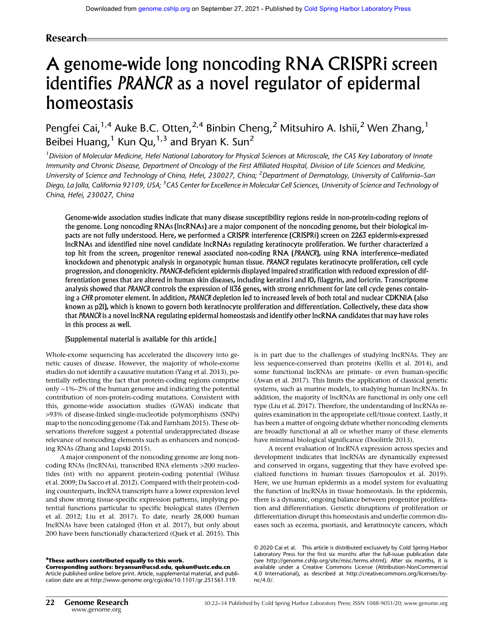 A Genome-Wide Long Noncoding RNA Crispri Screen Identifies PRANCR As a Novel Regulator of Epidermal Homeostasis