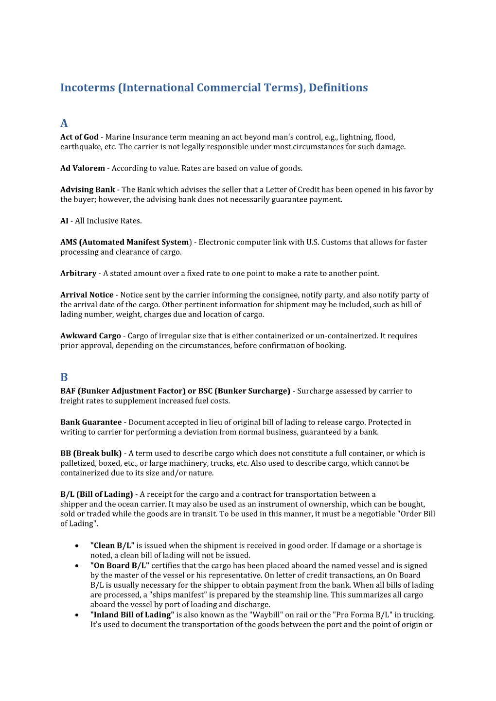 Incoterms (International Commercial Terms), Definitions