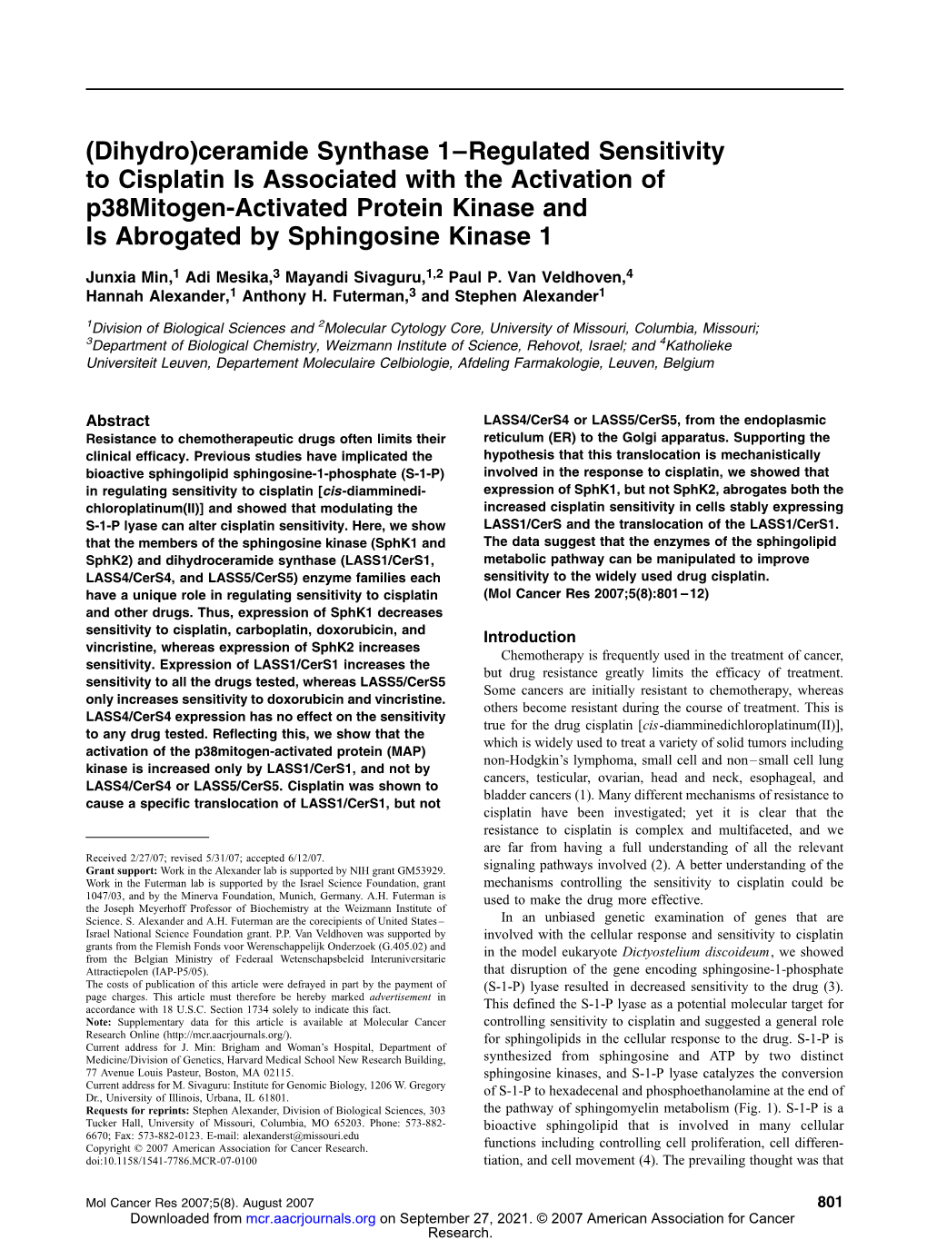 Ceramide Synthase 1–Regulated Sensitivity to Cisplatin Is Associated