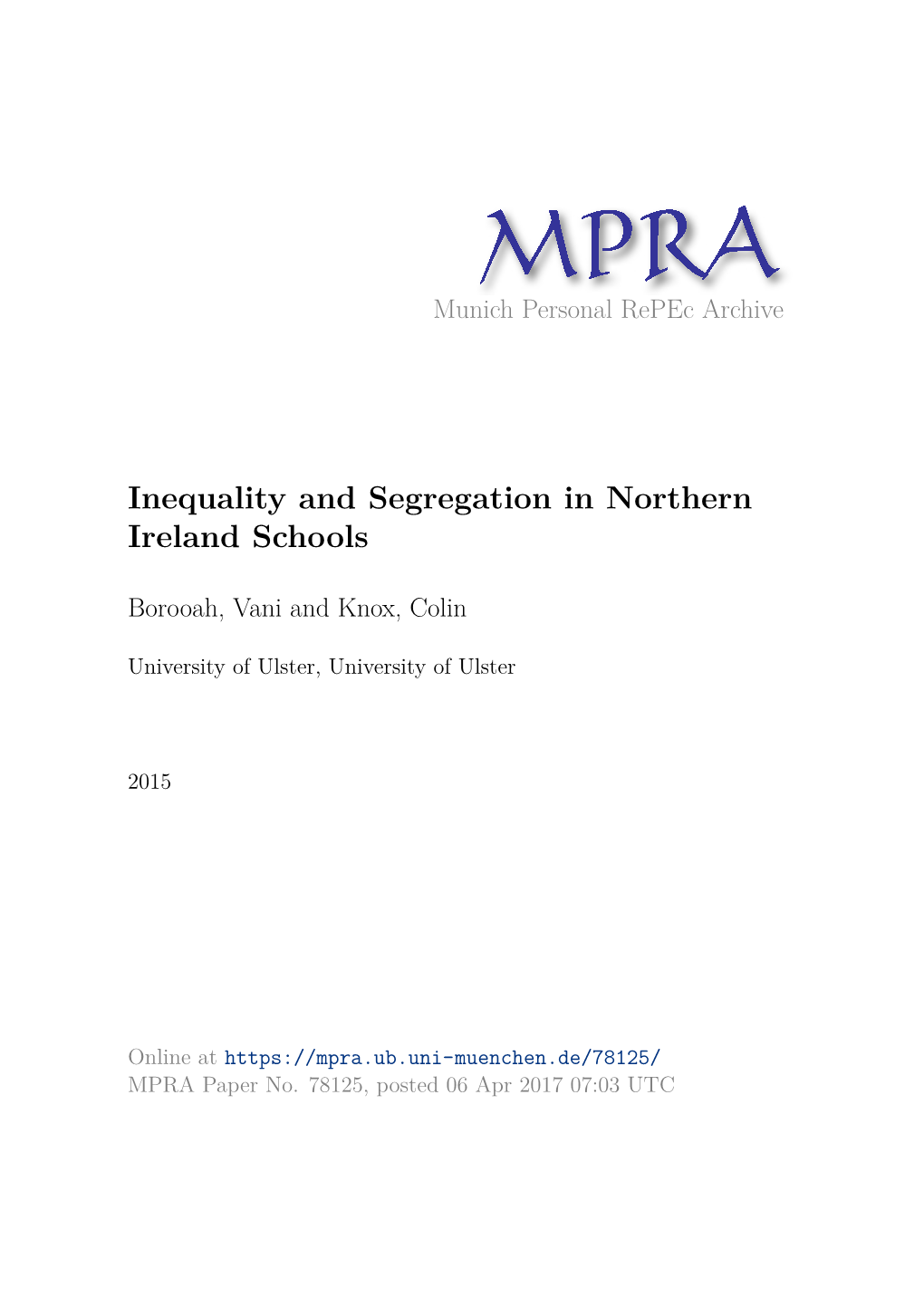 Inequality and Segregation in Northern Ireland Schools