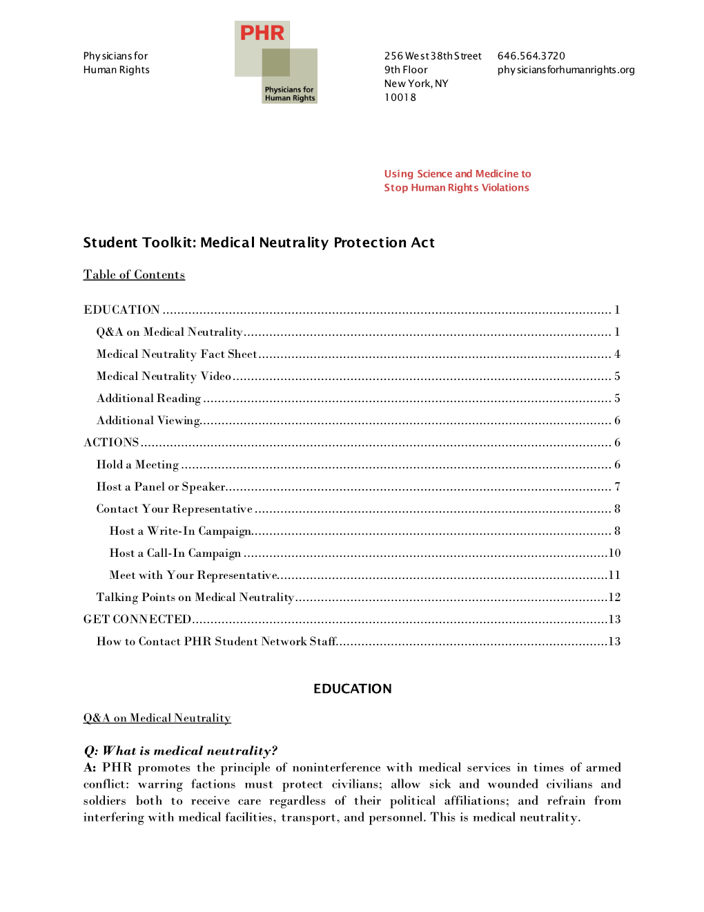 Student Toolkit: Medical Neutrality Protection Act Table of Contents Q