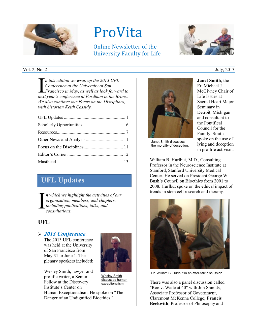 Provita Online Newsletter of the University Faculty for Life