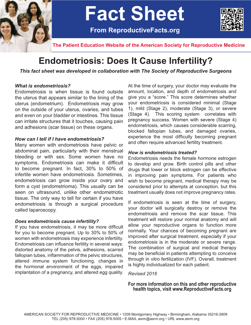 Endometriosis: Does It Cause Infertility? This Fact Sheet Was Developed in Collaboration with the Society of Reproductive Surgeons