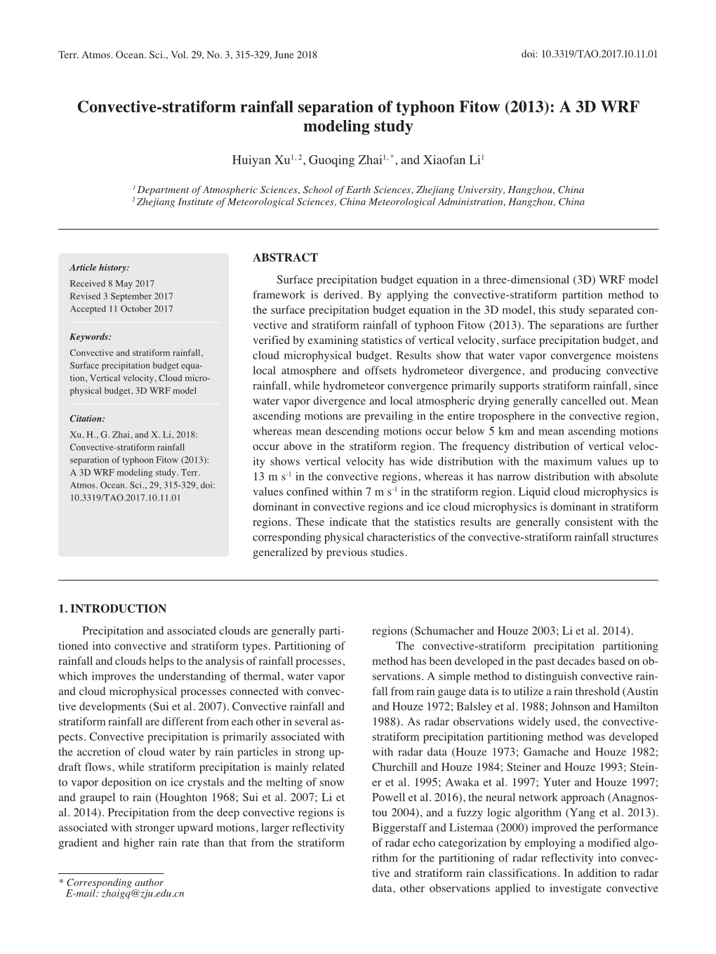 Convective-Stratiform Rainfall Separation of Typhoon Fitow (2013): a 3D WRF Modeling Study