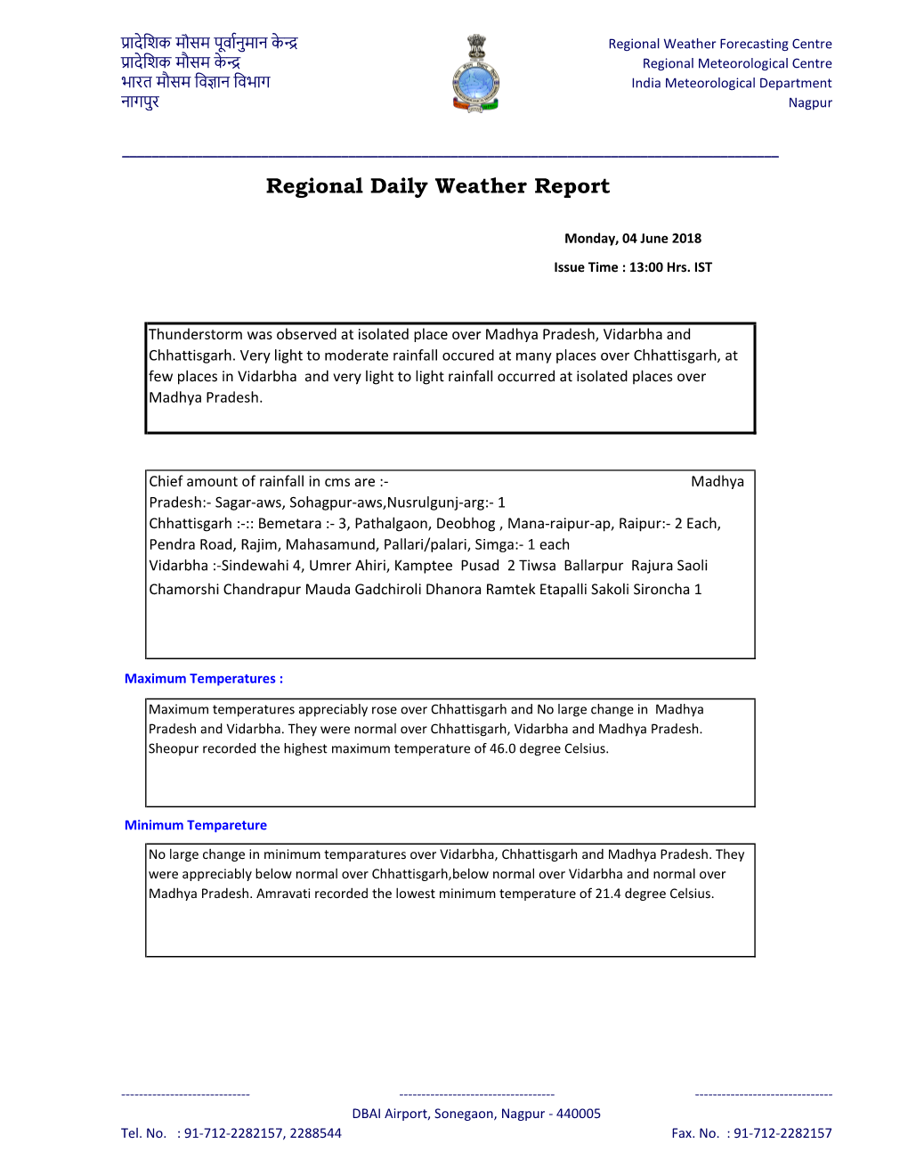 Regional Daily Weather Report