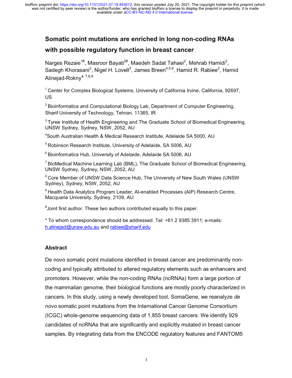 Somatic Point Mutations Are Enriched in Long Non-Coding Rnas with Possible Regulatory Function in Breast Cancer