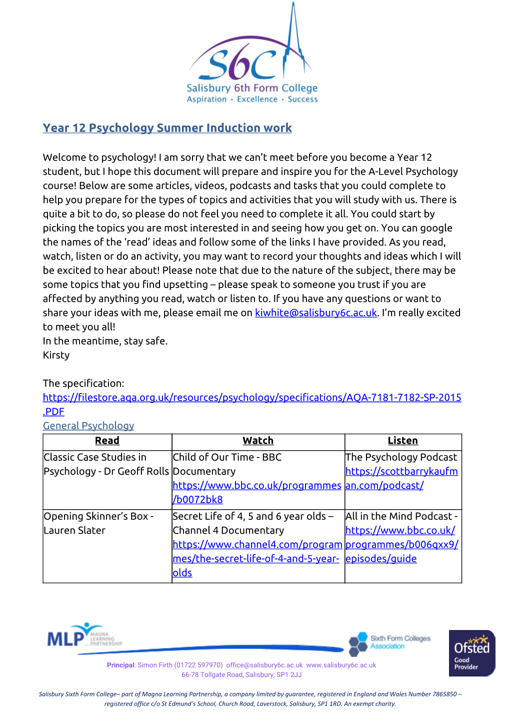 Year 12 Psychology Summer Induction Work