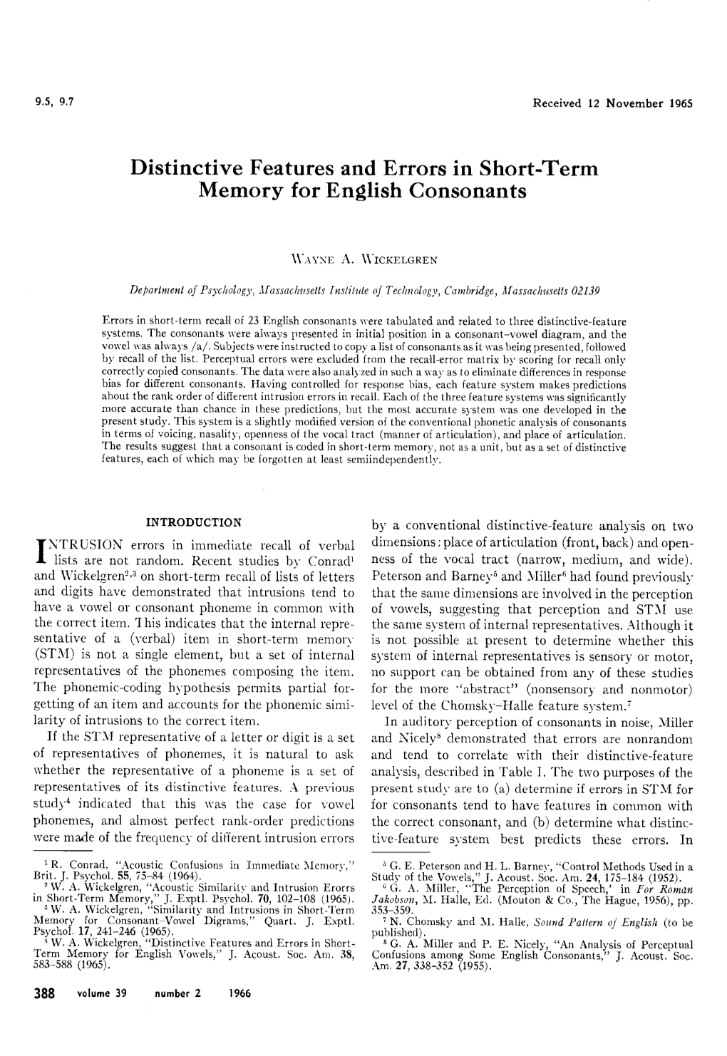 Distinctive Features and Errors in Short-Term Memory for English Consonants