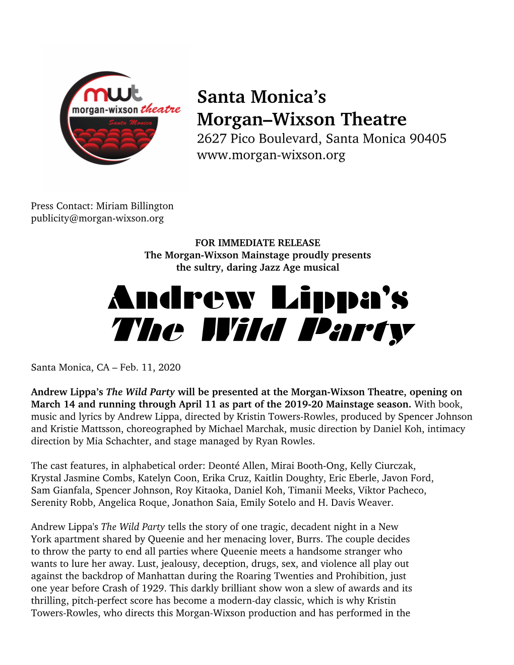 The Wild Party Press Release