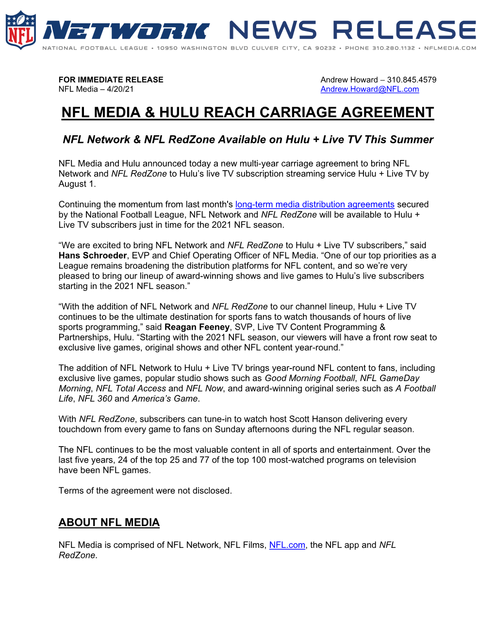 Nfl Media & Hulu Reach Carriage Agreement