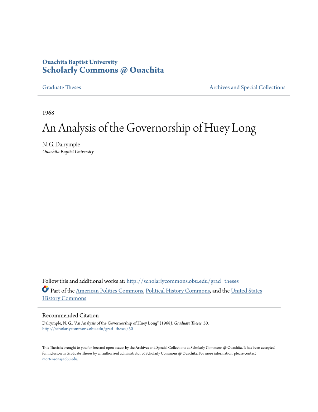 An Analysis of the Governorship of Huey Long N