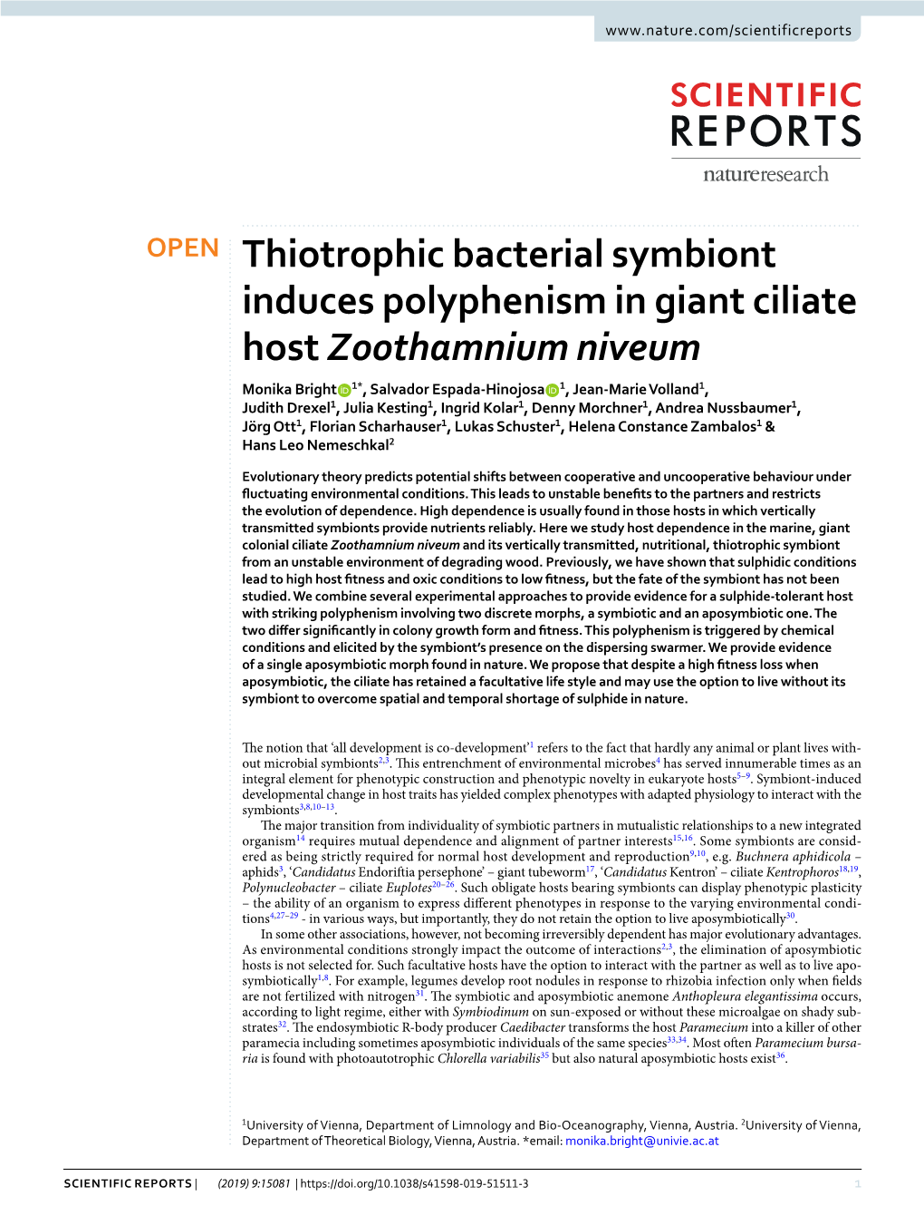 Thiotrophic Bacterial Symbiont Induces Polyphenism in Giant Ciliate Host