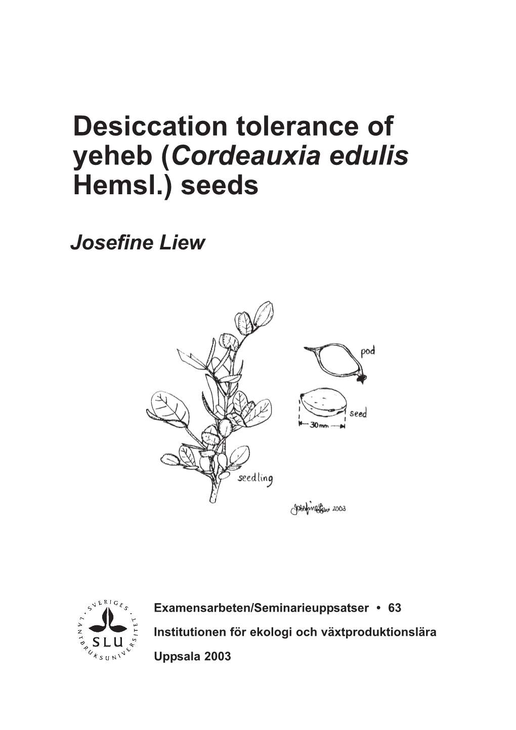 Desiccation Tolerance of Yeheb (Cordeauxia Edulis Hemsl.) Seeds