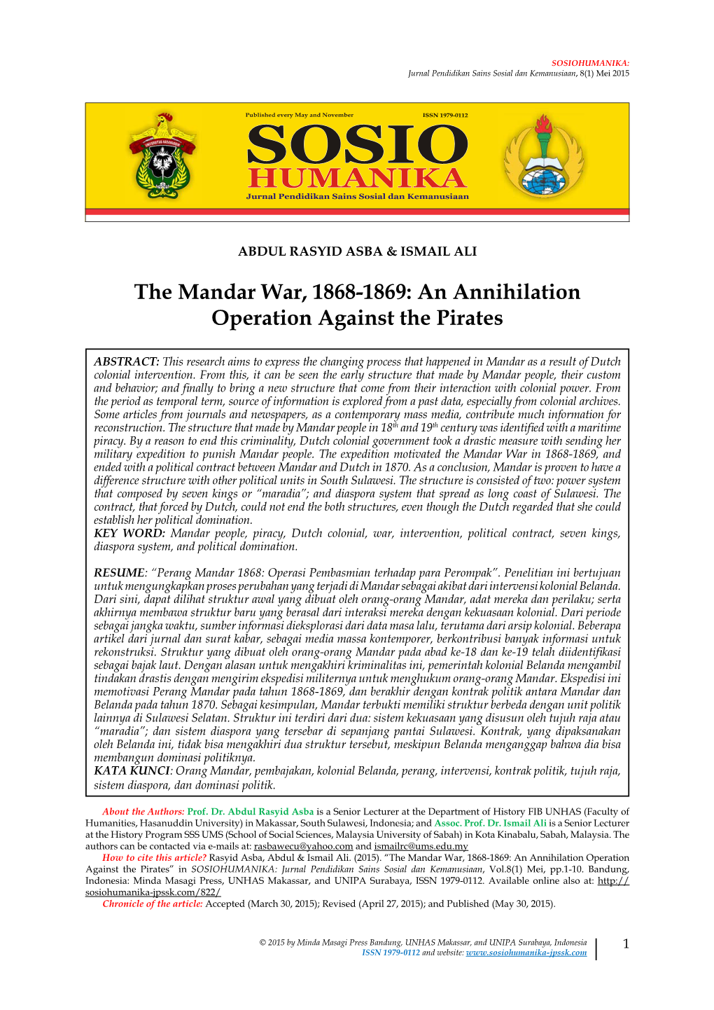 The Mandar War, 1868-1869: an Annihilation Operation Against the Pirates
