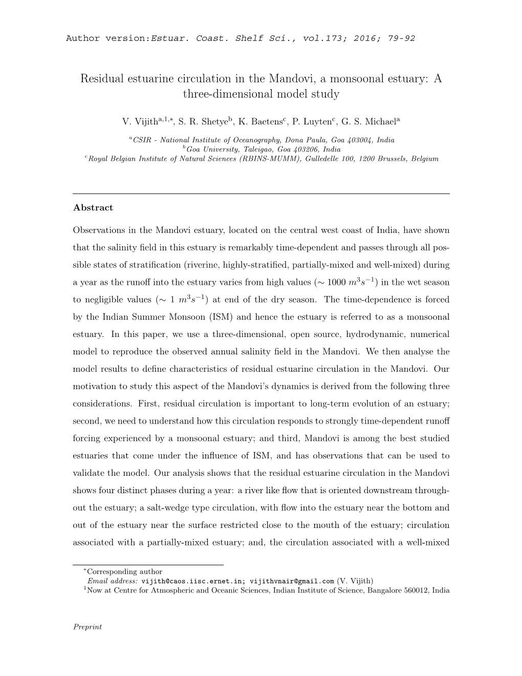 Residual Estuarine Circulation in the Mandovi, a Monsoonal Estuary: a Three-Dimensional Model Study