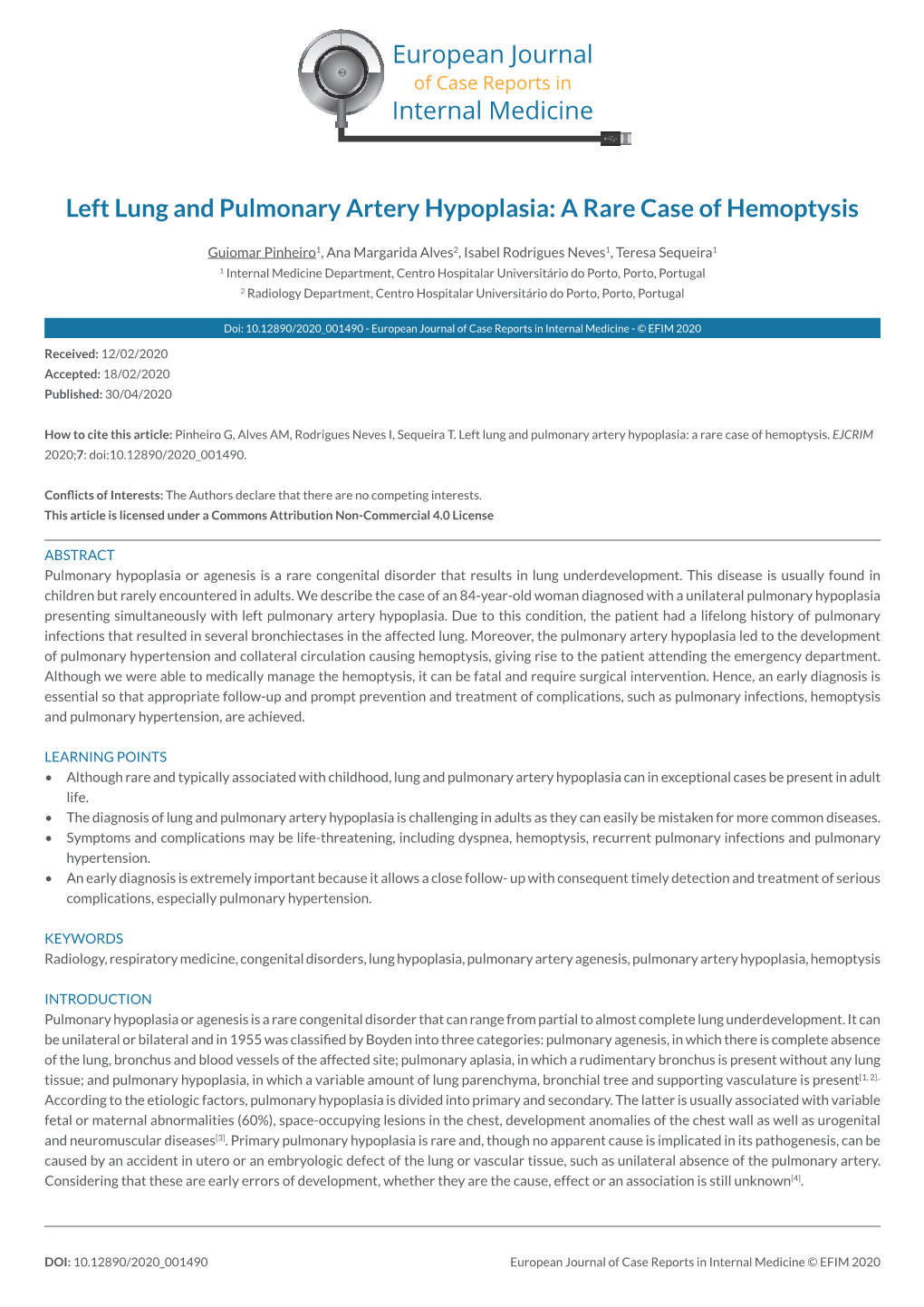 Left Lung and Pulmonary Artery Hypoplasia: a Rare Case of Hemoptysis