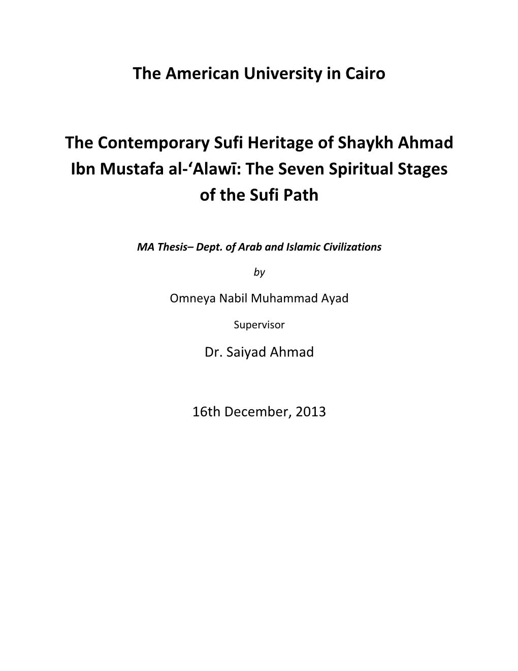 The Contemporary Sufi Heritage of Shaykh Ahmad Ibn Mustafa Al-‘Alawī: the Seven Spiritual Stages of the Sufi Path