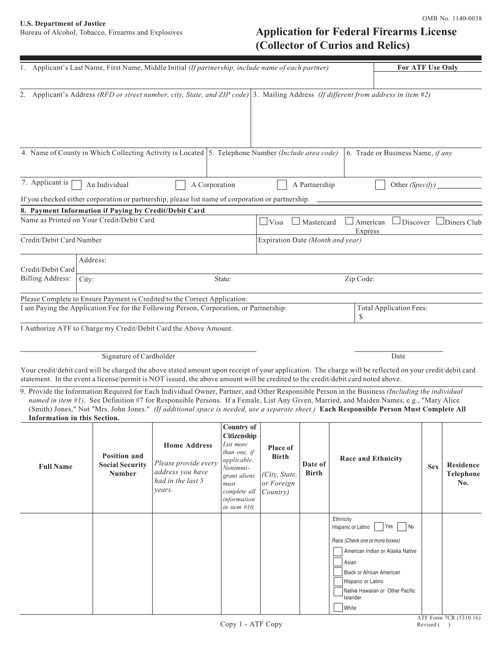 Application for Federal Firearms License (Collector of Curios and Relics)