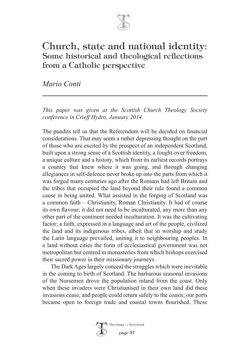 Church, State and National Identity: Some Historical and Theological Reflections from a Catholic Perspective
