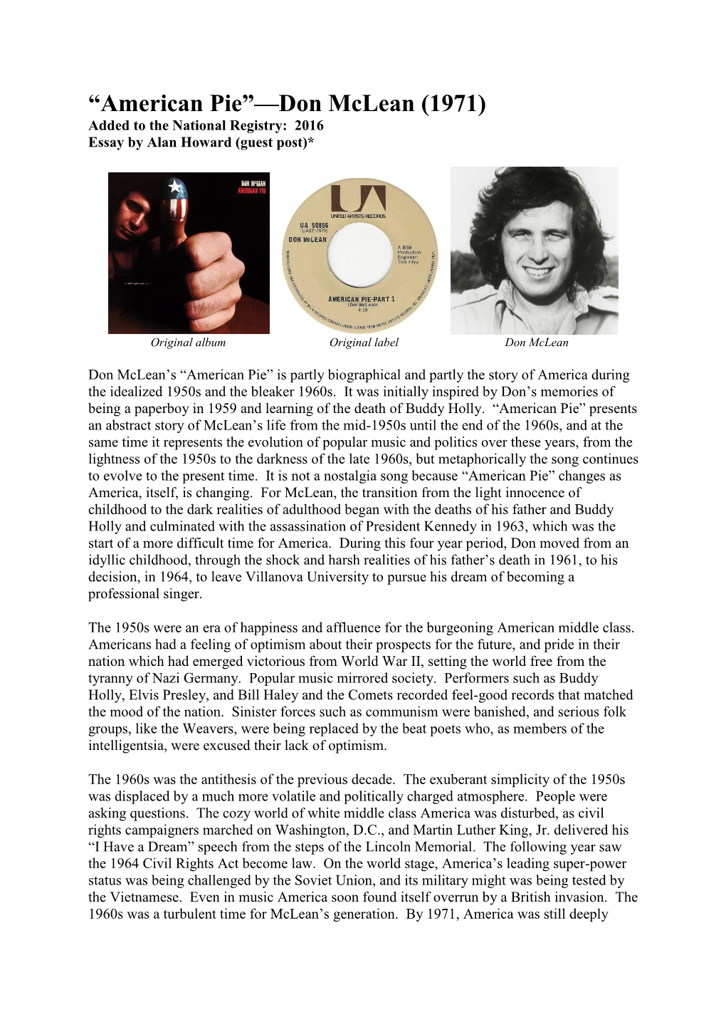 American Pie”—Don Mclean (1971) Added to the National Registry: 2016 Essay by Alan Howard (Guest Post)*