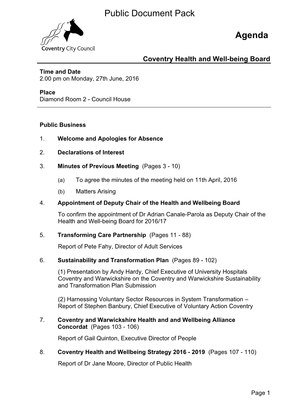 (Public Pack)Agenda Document for Coventry Health and Well-Being