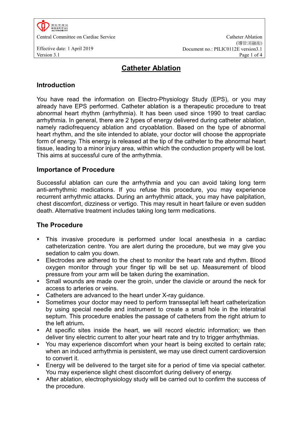 Catheter Ablation (導管消融術) Effective Date: 1 April 2019 Document No.: PILIC0112E Version3.1 Version 3.1 Page 1 of 4