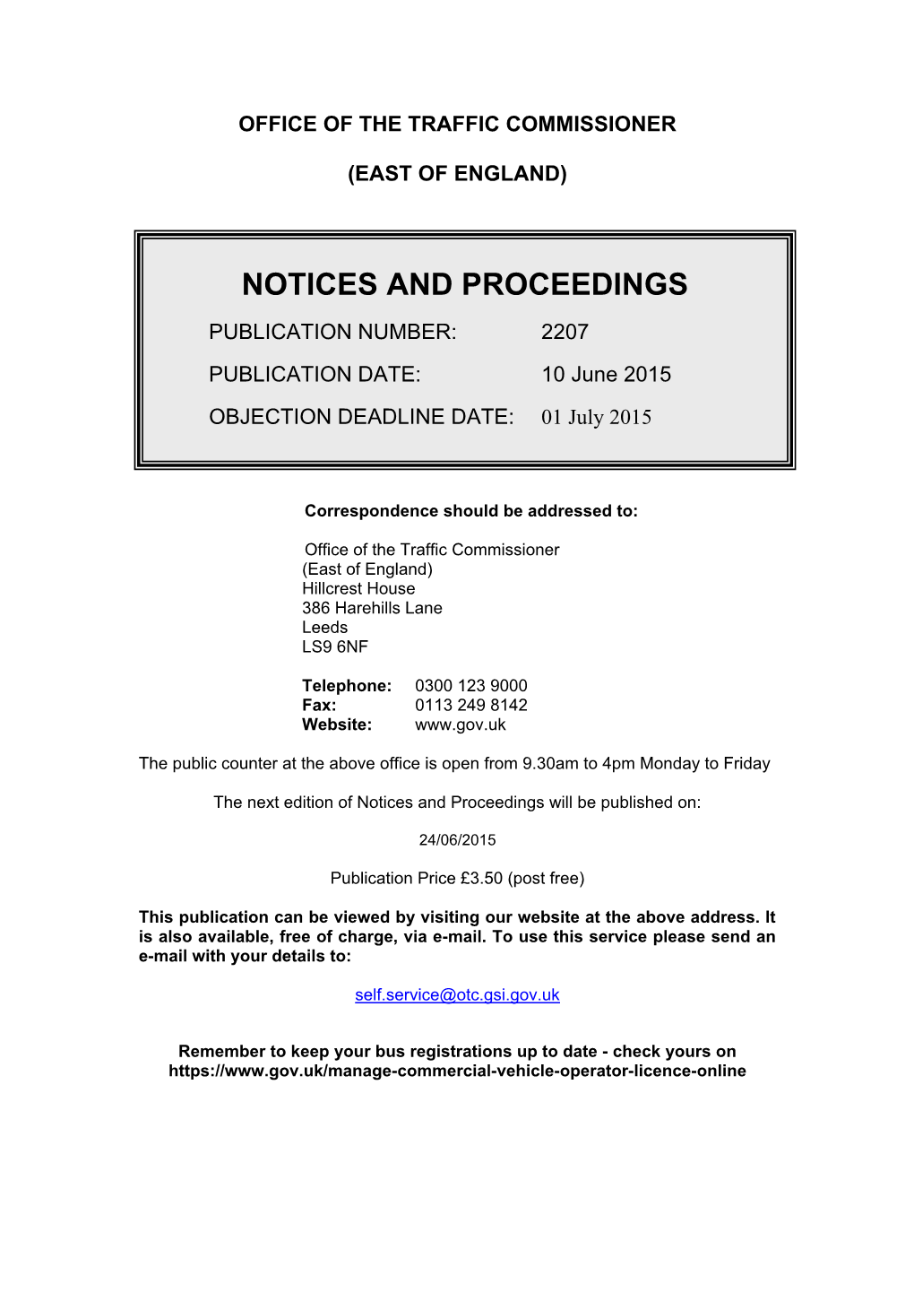 Notices and Proceedings: East of England: 10 June 2015