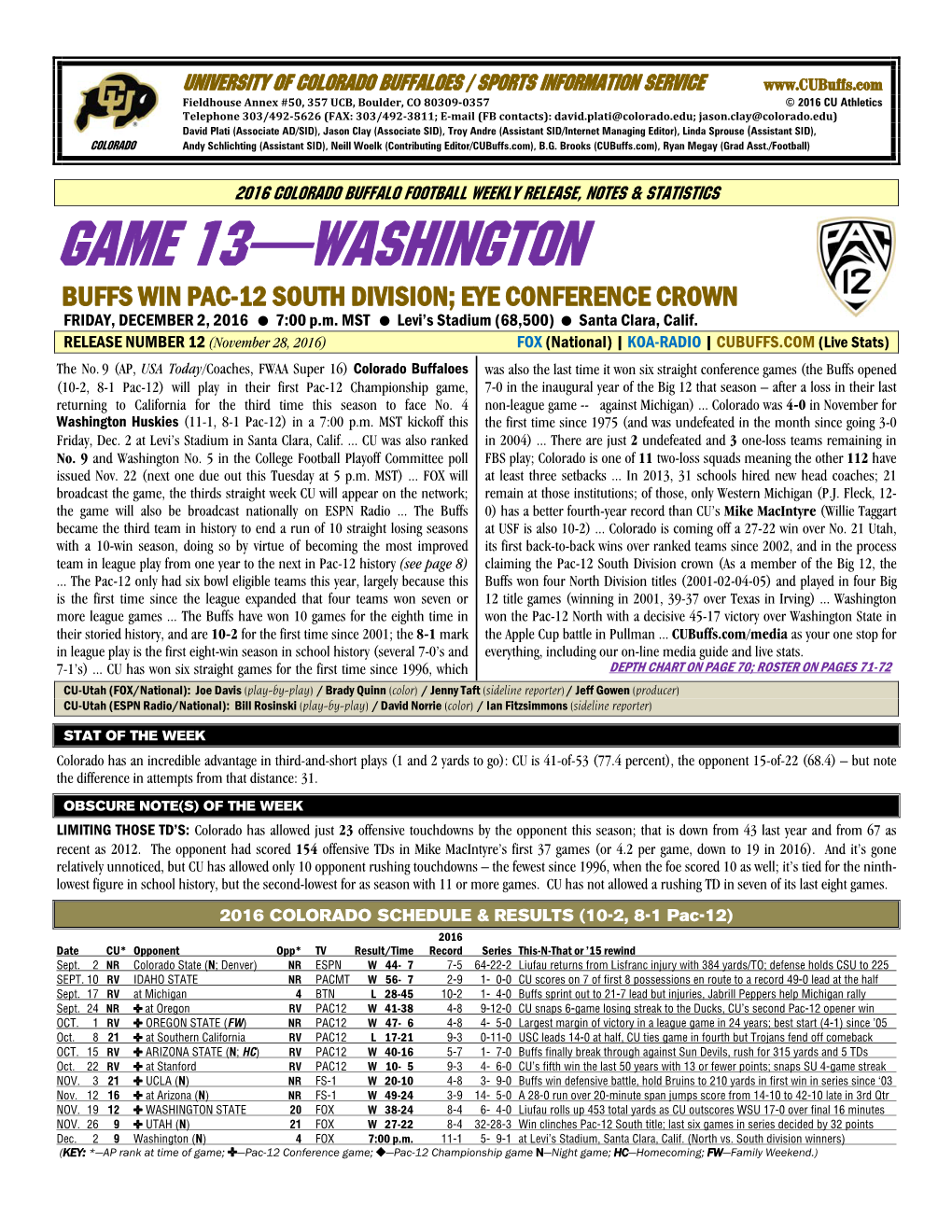 GAME 13—WASHINGTON BUFFS WIN PAC-12 SOUTH DIVISION; EYE CONFERENCE CROWN FRIDAY, DECEMBER 2, 2016 7:00 P.M