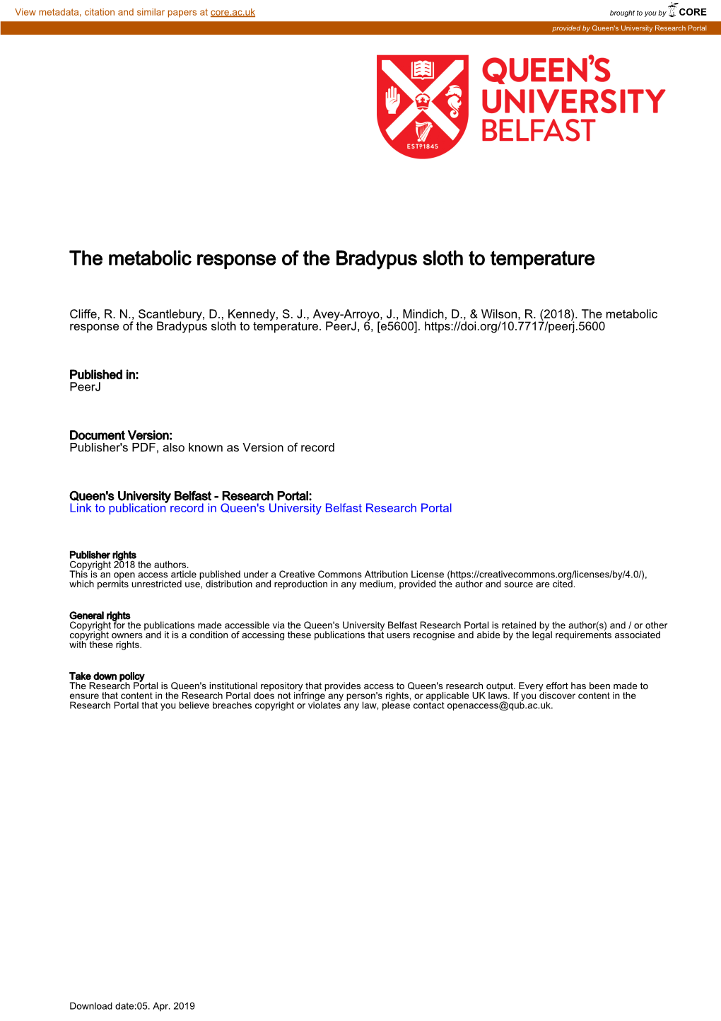 The Metabolic Response of the Bradypus Sloth to Temperature