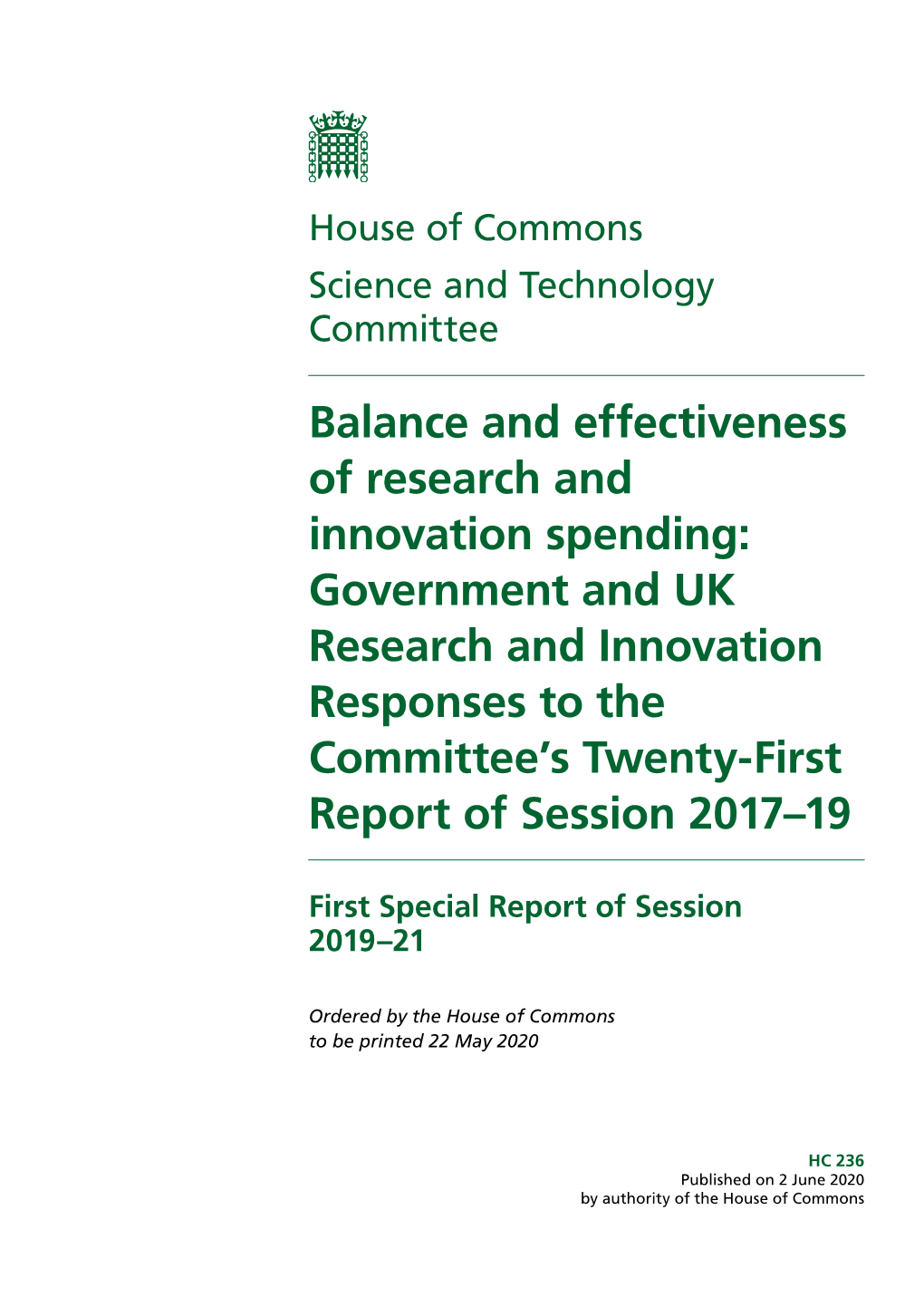 Government and UK Research and Innovation Responses to the Committee’S Twenty-First Report of Session 2017–19