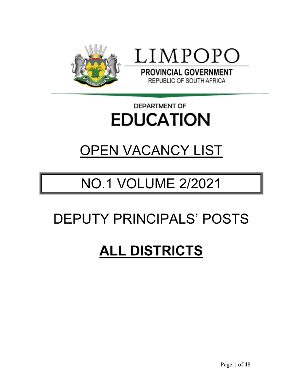 Open Vacancy List No.1 Volume 2/2021 Deputy Principals' Posts All Districts