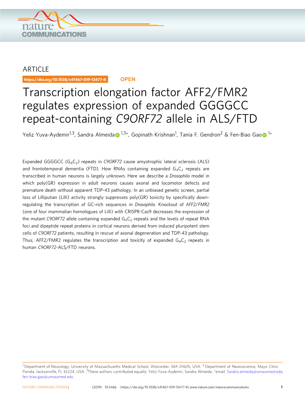 Transcription Elongation Factor AFF2/FMR2 Regulates Expression of Expanded GGGGCC Repeat-Containing C9ORF72 Allele in ALS/FTD